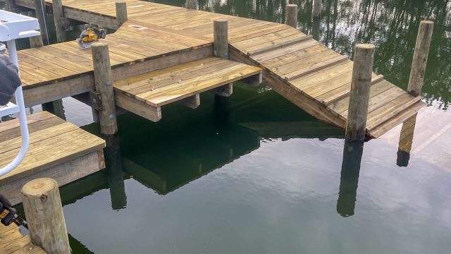 New pier with steps and a ramp down to a lower platform, built by Early Marine Construction